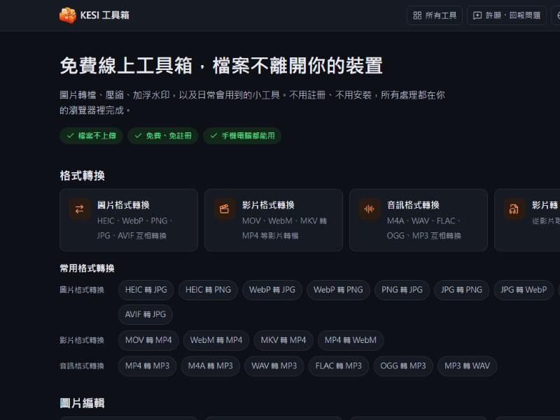 KESI 工具箱首頁：依分類列出格式轉換、圖片編輯等工具